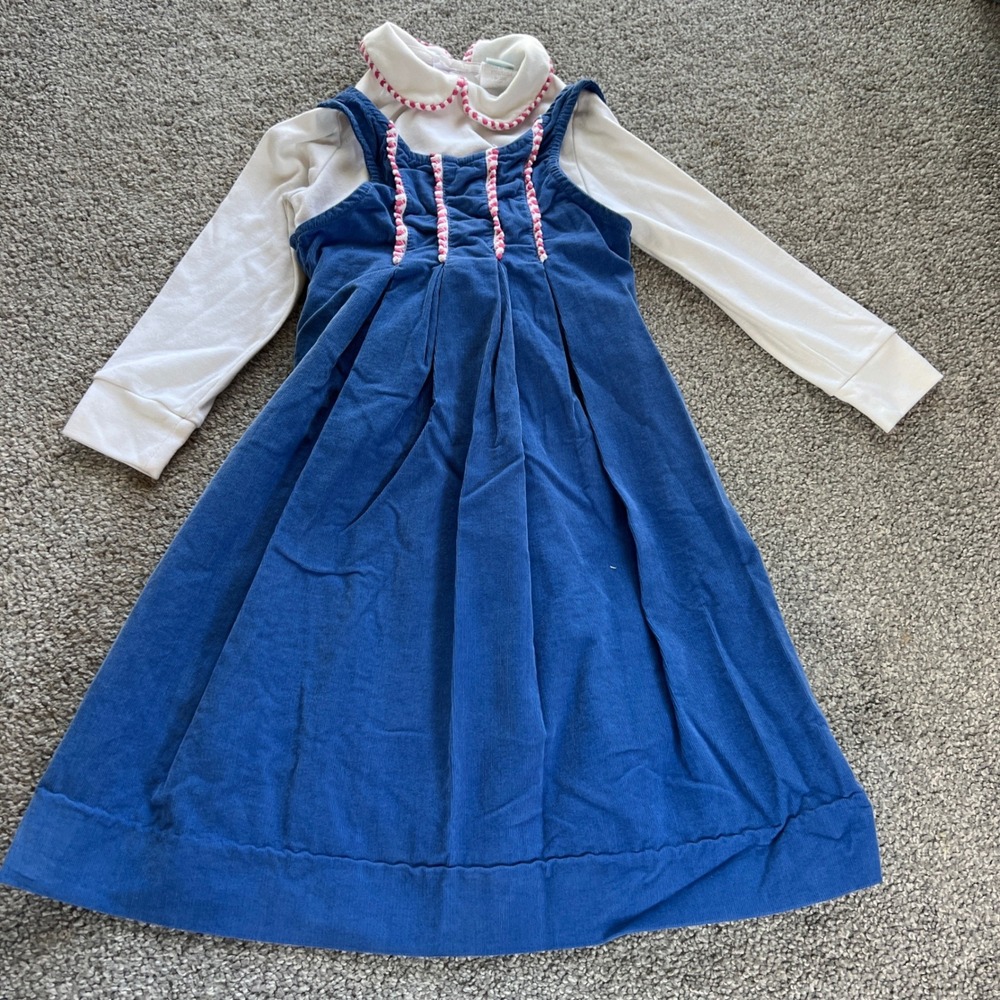 vtg Peaches 'n Cream Corduroy Jumper Dress Kids 5 Blue White Rick Rack‎ Trim usa